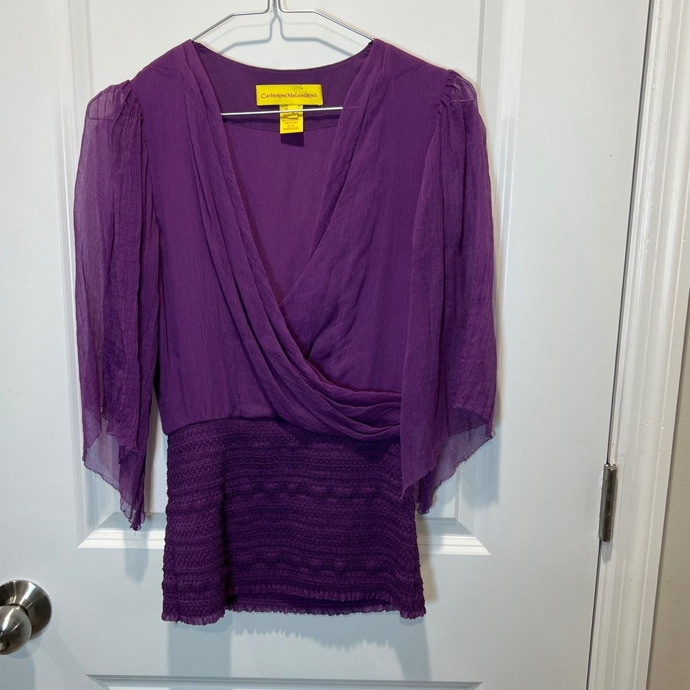 Catherine Malandrino Purple Silk Georgette Smocked Waist Blouse Size‎ 0